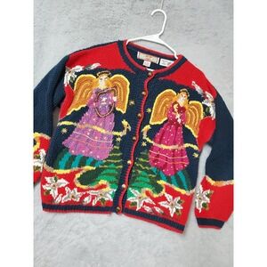 Vintage Cardigan Bay Sweater Womens Large Chunky Knit Angel Christmas Navy Blue